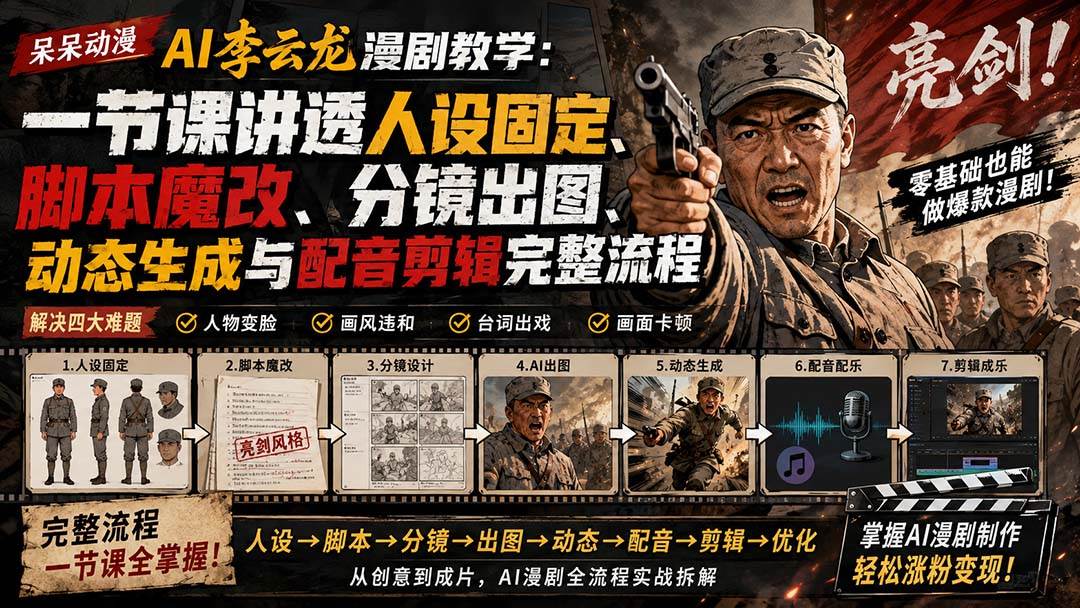 （20107期）呆呆动漫AI李云龙漫剧教学：一节课讲透人设固定、脚本魔改、分镜出图、动态生成与配音剪辑完整流程-雄诗网络资源社区