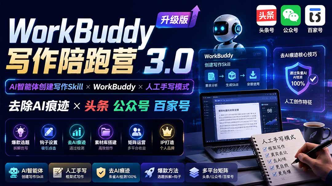 （20311期）WorkBuddy写作陪跑营3.0-更新：Ai智能体创建写作Skill×WorkBuddy×人工手写模式×去除AI痕迹×头条公众号百家号-雄诗网络资源社区