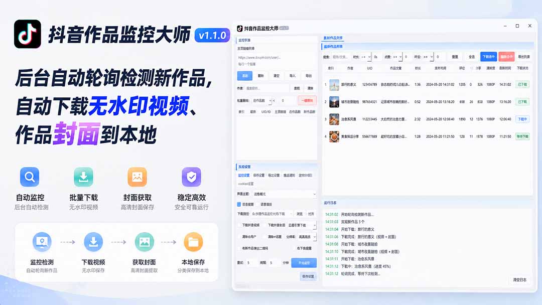 抖音作品监控大师v1.1.0：后台自动轮询检测新作品，自动下载无水印视频、作品封面到本地-雄诗网络资源社区