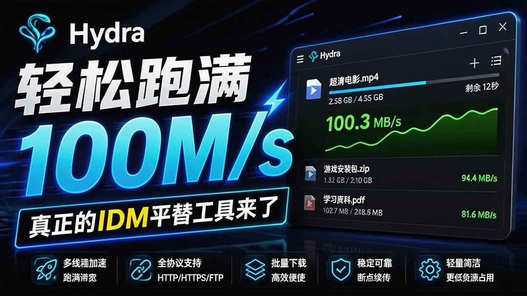 （20350期）轻松跑满100M/s，真正的IDM平替工具来了，开源多线程器，支持浏览器拓展，一键智能加速 Hydra Download Manager-雄诗网络资源社区
