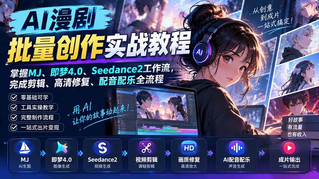（20488期）AI漫剧批量创作实战教程：掌握MJ、即梦4.0、Seedance2工作流，完成剪辑、高清修复、配音配乐全流程-雄诗网络资源社区