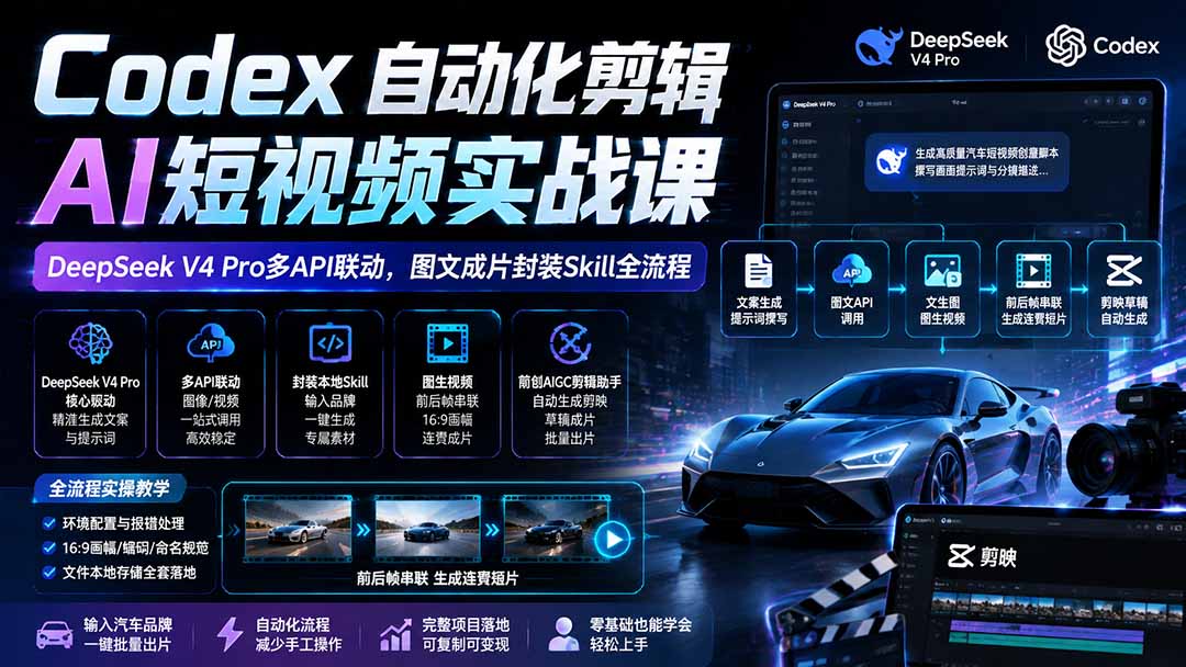 Codex自动化剪辑AI短视频实战课｜DeepSeek V4 Pro多API联动，图文成片封装Skill全流程-雄诗网络资源社区