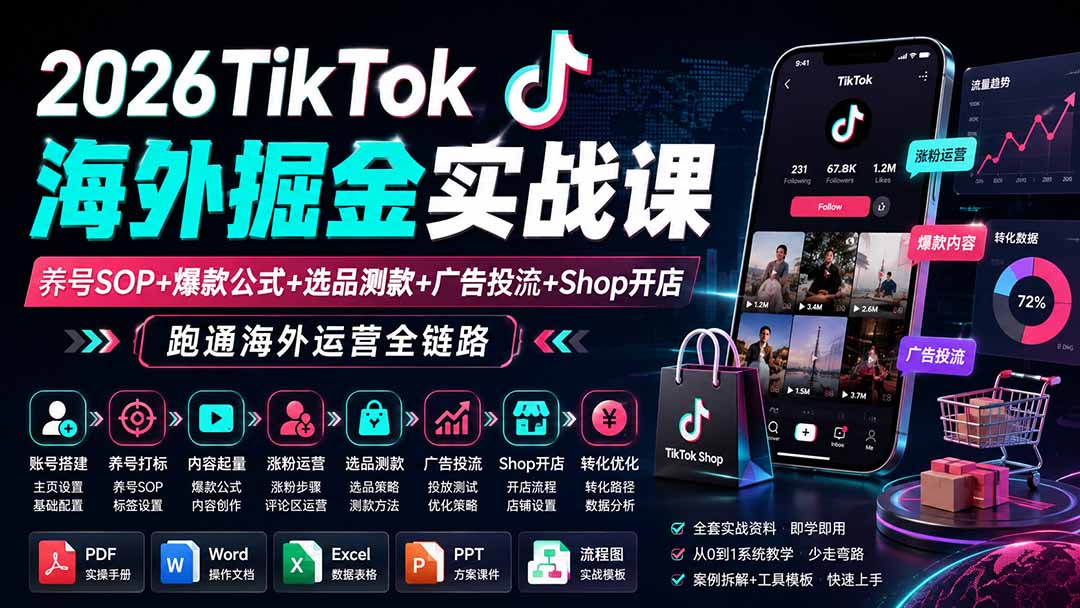 2026TikTok海外掘金实战课——养号SOP+爆款公式+选品测款+广告投流+Shop开店，跑通海外运营全链路-雄诗网络资源社区