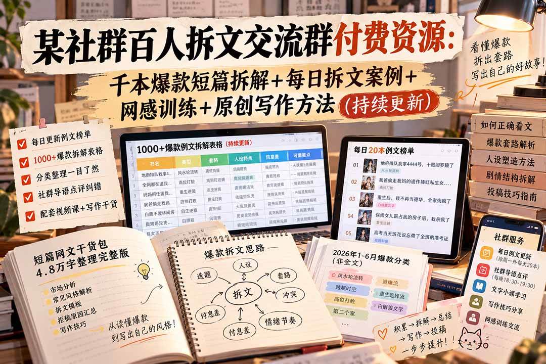 （20635期）某社群百人拆文交流群付费资源：千本爆款短篇拆解+每日拆文案例+网感训练+原创写作方法 (持续更新)-雄诗网络资源社区