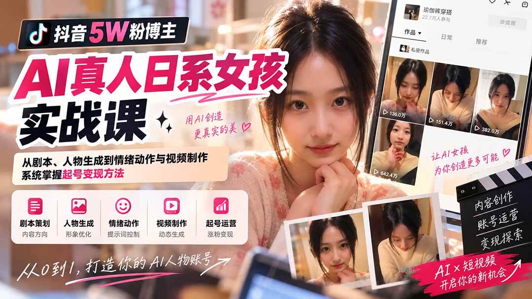 (20387期)抖音5W粉博主AI真人日系女孩实战课:从剧本、人物生成到情绪动作与视频制作,系统掌握起号变现方法-雄诗网络资源社区