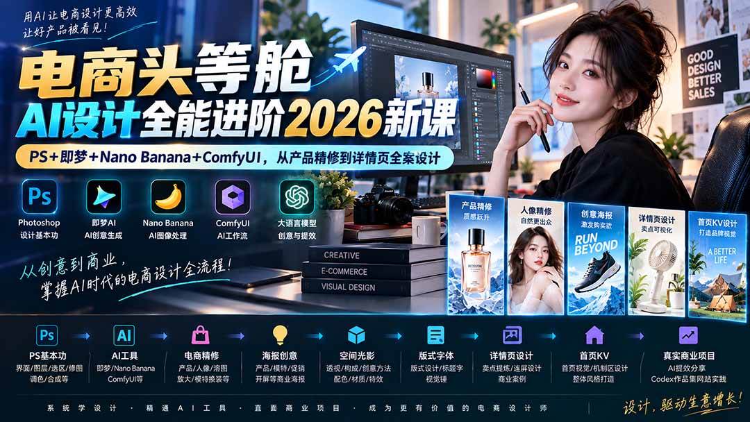 （20284期）电商头等舱AI设计全能进阶2026新课：PS+即梦+Nano Banana+ComfyUI，从产品精修到详情页全案设计-雄诗网络资源社区