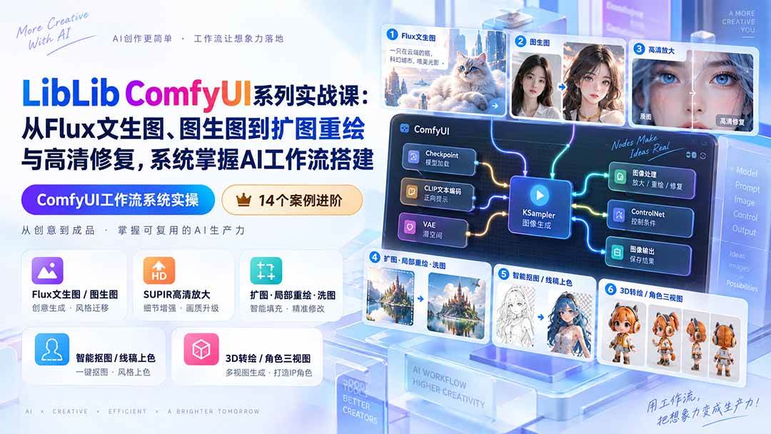 （20368期）LibLib ComfyUI系列实战课：从Flux文生图、图生图到扩图重绘与高清修复，系统掌握AI工作流搭建-雄诗网络资源社区