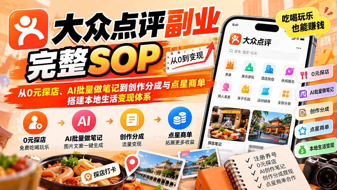 （20638期）【无水印】大众点评副业完整SOP：从0元探店、AI批量做笔记到创作分成与点星商单，搭建本地生活变现体系-雄诗网络资源社区