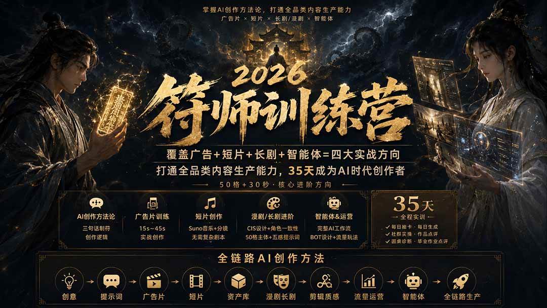 (20179期)符师训练营-35天成为AI时代创作者,广告+短片+漫剧+智能体四大实战方向,掌握从创意到上线的完整工作流-雄诗网络资源社区