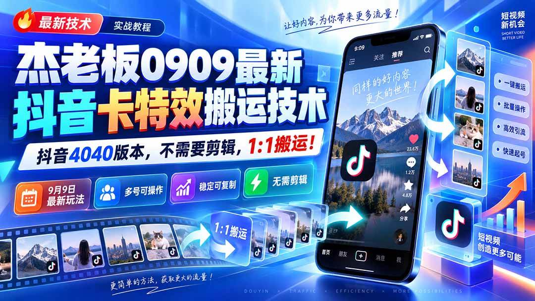 （20369期）杰老板0909最新抖音卡特效搬运技术，抖音4040版本，不需要剪辑，1:1搬运！-雄诗网络资源社区