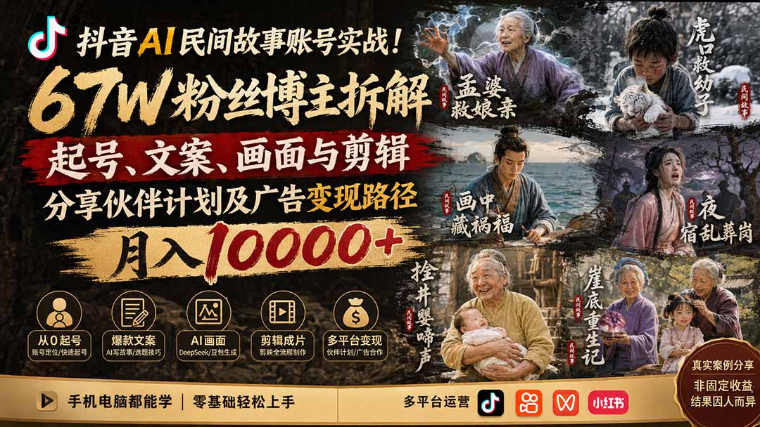抖音AI民间故事账号实战!67W粉丝博主拆解起号、文案、画面与剪辑,分享伙伴计划及广告变现路径,月入10000+-雄诗网络资源社区