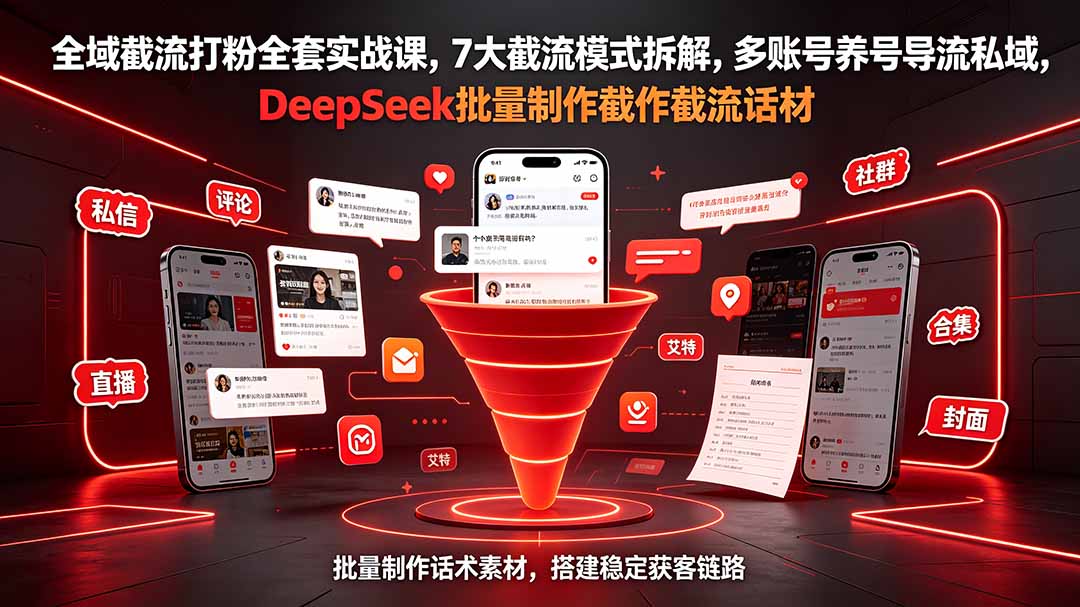 全域截流打粉全套实战课,7大截流模式拆解,多账号养号导流私域,DeepSeek批量制作截流话术素材-雄诗网络资源社区