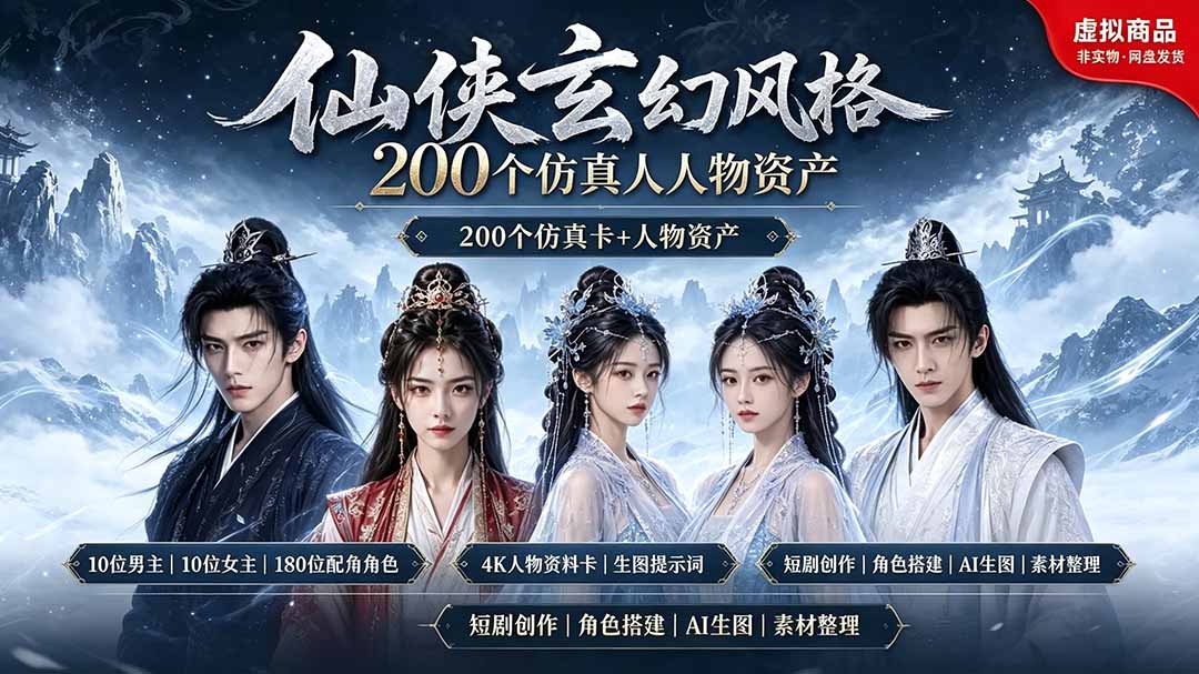 200个仙侠玄幻仿真人素材◆10男主×10女主×180配角，4K资料卡+AI生图提示词，漫剧必备-雄诗网络资源社区
