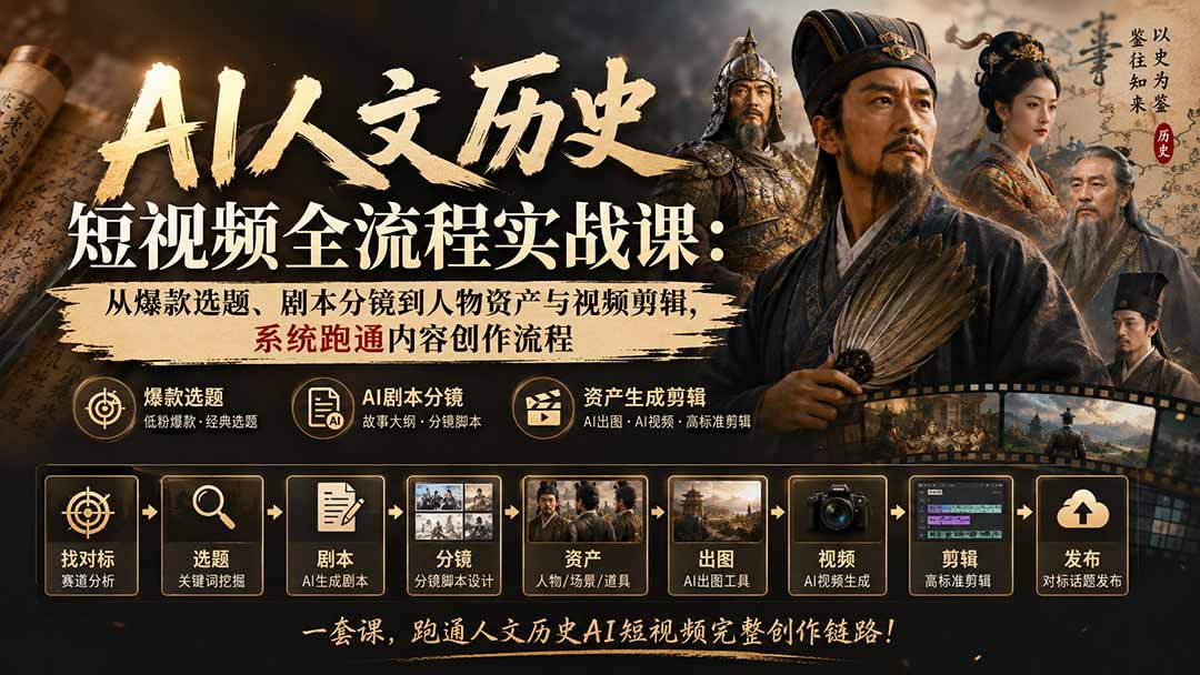 AI人文历史短视频全流程实战课：从爆款选题、剧本分镜到人物资产与视频剪辑，系统跑通内容创作流程-雄诗网络资源社区