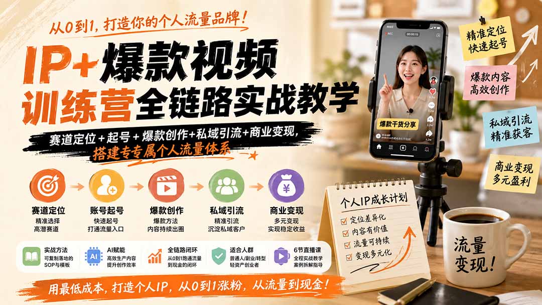 IP+爆款视频训练营全链路实战教学；赛道定位+起号+爆款创作+私域引流+商业变现，搭建专属个人流量体系-雄诗网络资源社区