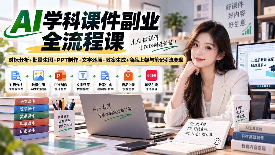 （20469期）AI学科课件副业全流程课｜对标分析+批量生图+PPT制作+文字还原+教案生成+商品上架与笔记引流变现-雄诗网络资源社区