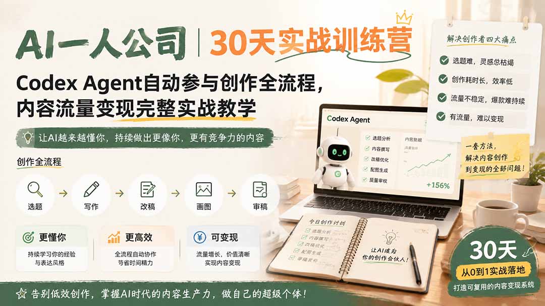 AI一人公司|30天实战训练营;Codex Agent自动参与创作全流程,内容流量变现完整实战教学-雄诗网络资源社区