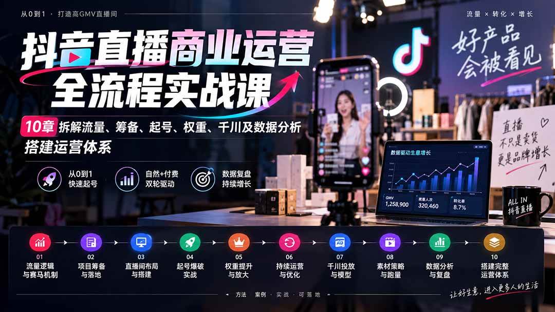 （20407期）抖音直播商业运营全流程实战课：10章拆解流量、筹备、起号、权重、千川及数据分析，搭建运营体系-雄诗网络资源社区