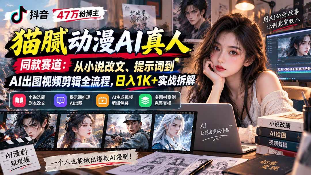 （20524期）抖音47万粉博主猫腻动漫AI真人同款赛道：从小说改文、提示词到AI出图视频剪辑全流程，日入1K+实战拆解-雄诗网络资源社区