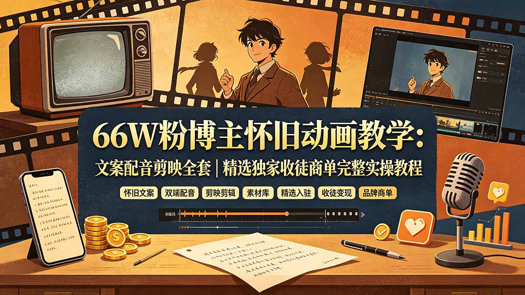 66W粉博主怀旧动画教学：文案配音剪映全套｜精选独家收徒商单完整实操教程-雄诗网络资源社区