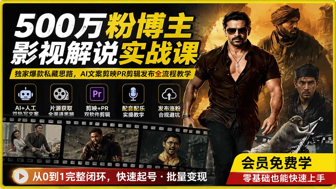 500万粉博主影视解说实战课｜独家爆款私藏思路，AI文案剪映PR剪辑发布全流程教学-雄诗网络资源社区