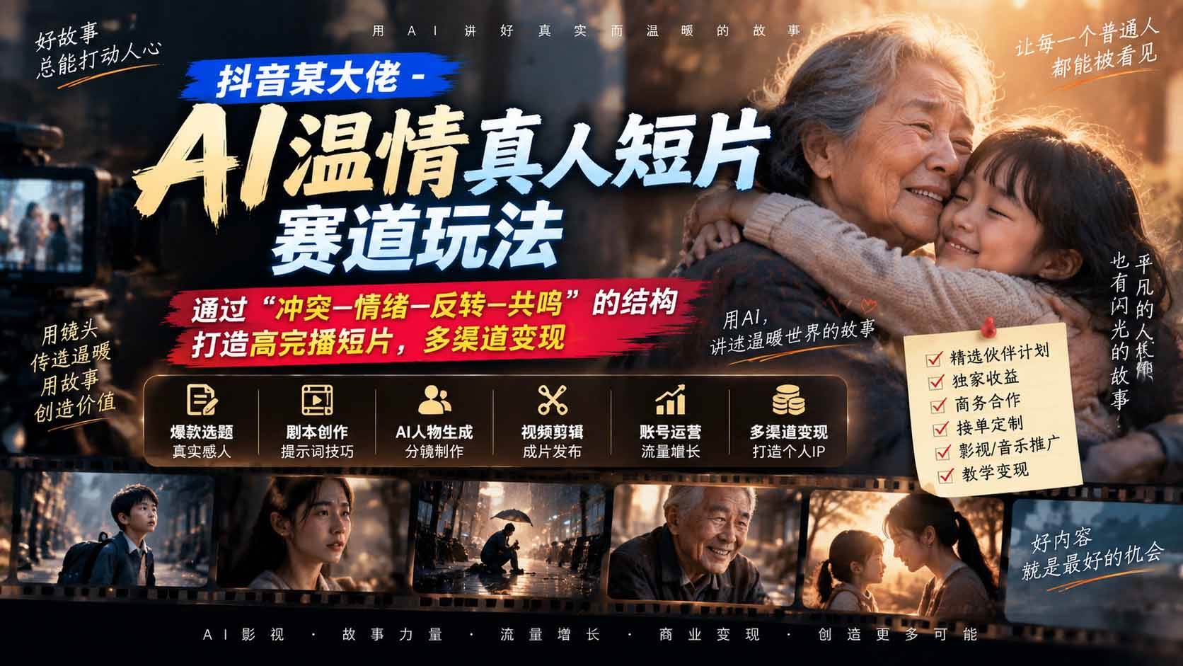 （20538期）抖音某大佬-AI温情真人短片赛道玩法：通过“冲突—情绪—反转—共鸣”的结构打造高完播短片，多渠道变现-雄诗网络资源社区