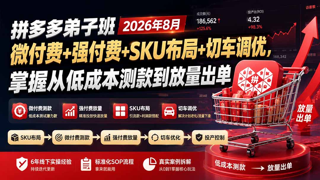 拼多多弟子班2026年8月:微付费+强付费+SKU布局+切车调优,掌握从低成本测款到放量出单-雄诗网络资源社区