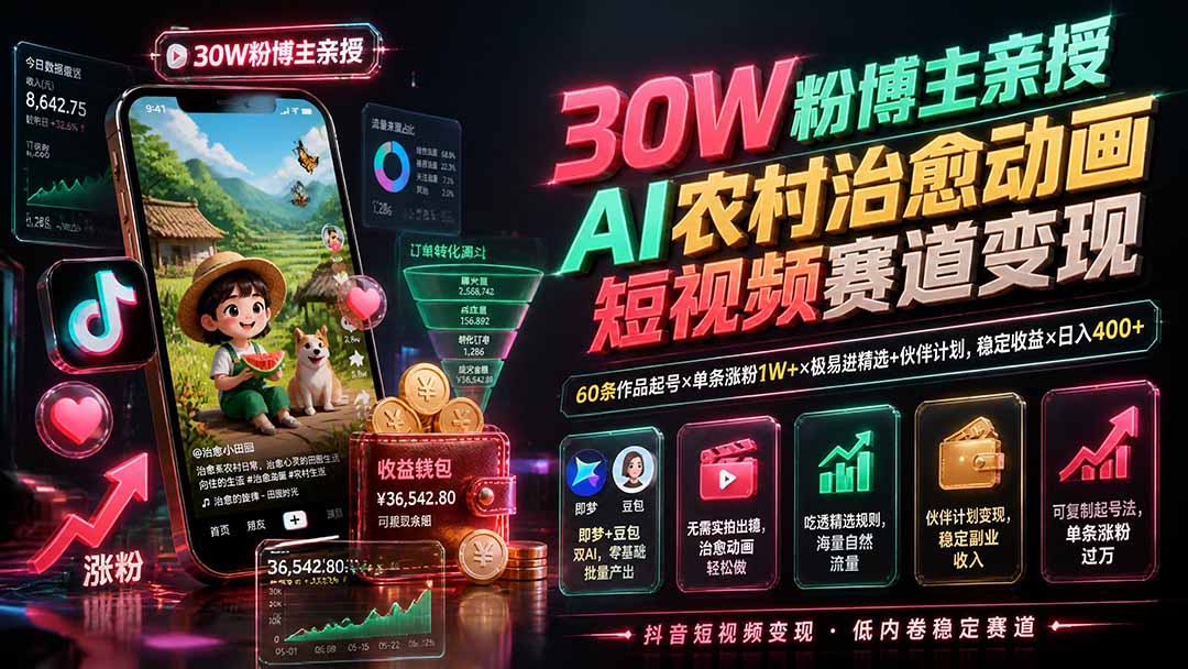 30W粉博主亲授AI农村治愈动画短视频赛道变现：60条作品起号×单条涨粉1W+×极易进精选+伙伴计划，稳定收益×日入400+-雄诗网络资源社区