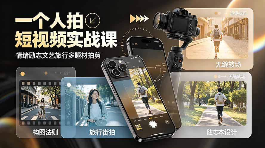 一个人拍短视频实战课：情绪励志文艺旅行多题材×五大景别×黄金构图×八大运镜，从拍摄到成片高效创作-雄诗网络资源社区