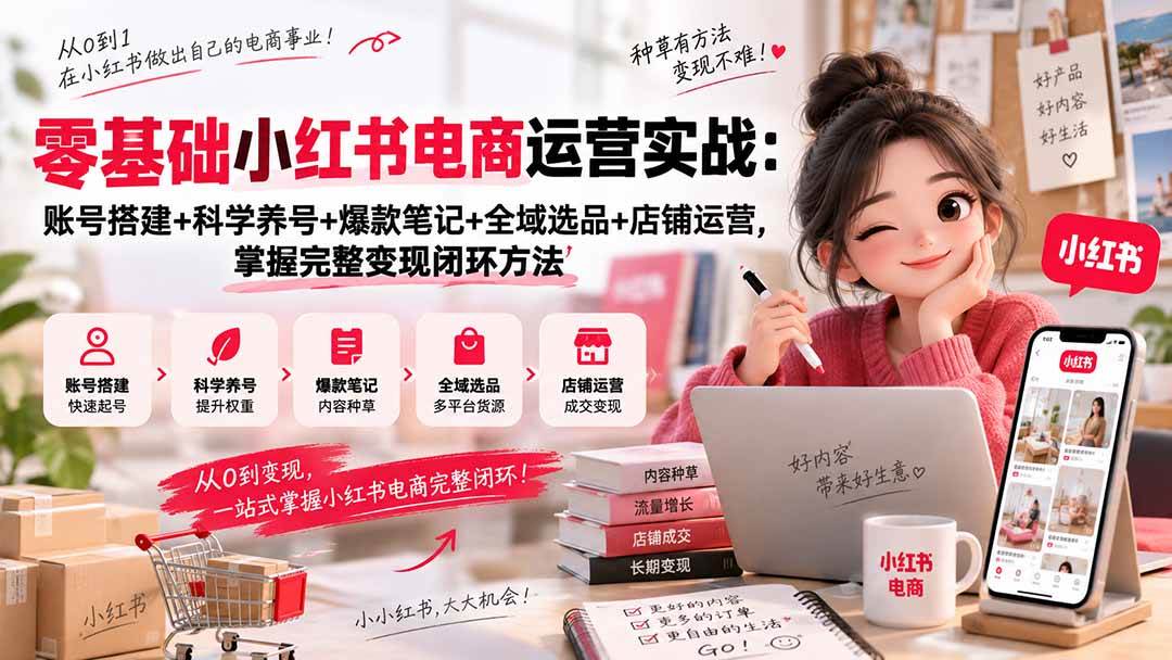 （20467期）零基础小红书电商运营实战：账号搭建+科学养号+爆款笔记+全域选品+店铺运营，掌握完整变现闭环方法-雄诗网络资源社区
