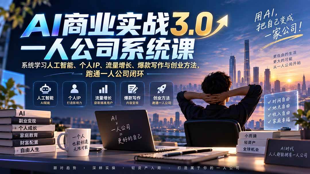 （20249期）AI商业实战3.0一人公司系统课：系统学习人工智能、个人IP、流量增长、爆款写作与创业方法，跑通一人公司闭环-雄诗网络资源社区