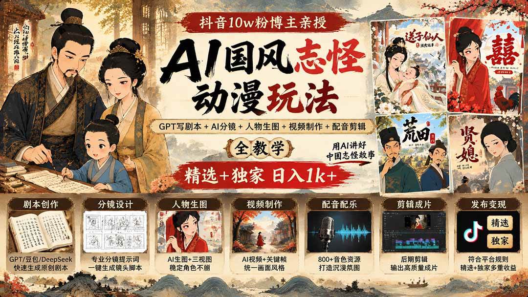 （20538期）抖音10w粉博主亲授AI国风志怪动漫玩法｜GPT写剧本+AI分镜+人物生图+视频制作+配音剪辑全教学｜精选+独家日入1k+-雄诗网络资源社区