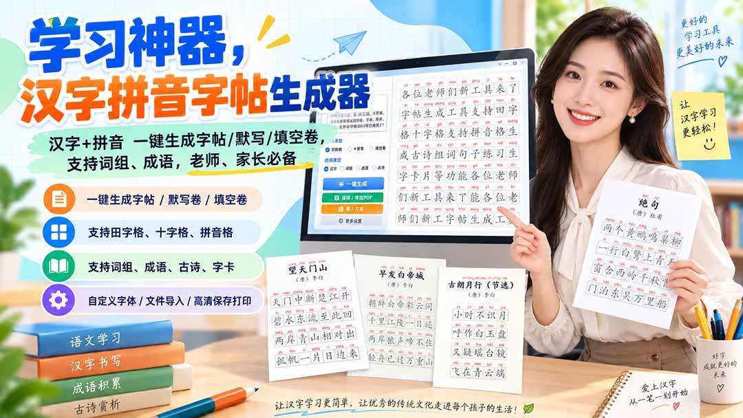 (20299期)学习神器,汉字拼音字帖生成器,汉字+拼音 一键生成字帖/默写/填空卷,支持词组、成语,老师、家长必备-雄诗网络资源社区