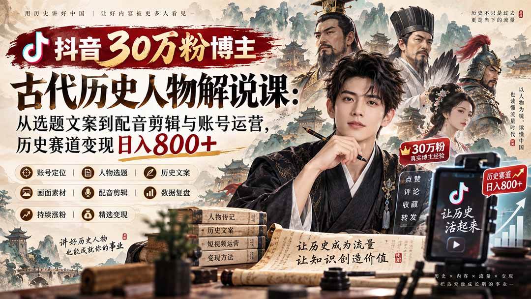 （20441期）抖音30万粉博主古代历史人物解说课：从选题文案到配音剪辑与账号运营，历史赛道变现日入800+-雄诗网络资源社区