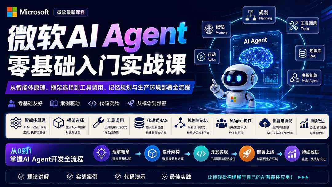 微软AI Agent零基础入门实战课：从智能体原理、框架选择到工具调用、记忆规划与生产环境部署全流程-雄诗网络资源社区
