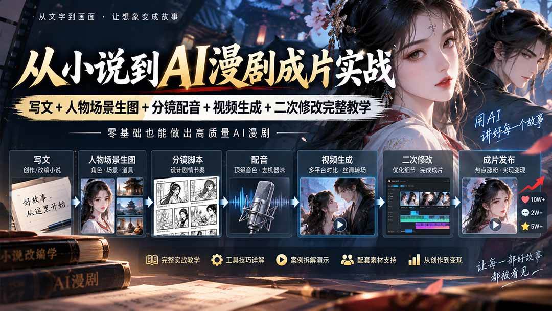 (20577期)从小说到AI漫剧成片实战:写文+人物场景生图+分镜配音+视频生成+二次修改完整教学-雄诗网络资源社区