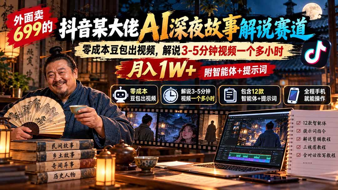 （20648期）外面卖699的抖音某大佬AI深夜故事解说赛道：零成本豆包出视频，解说3-5分钟视频一个多小时，月入1W+附智能体+提示词-雄诗网络资源社区